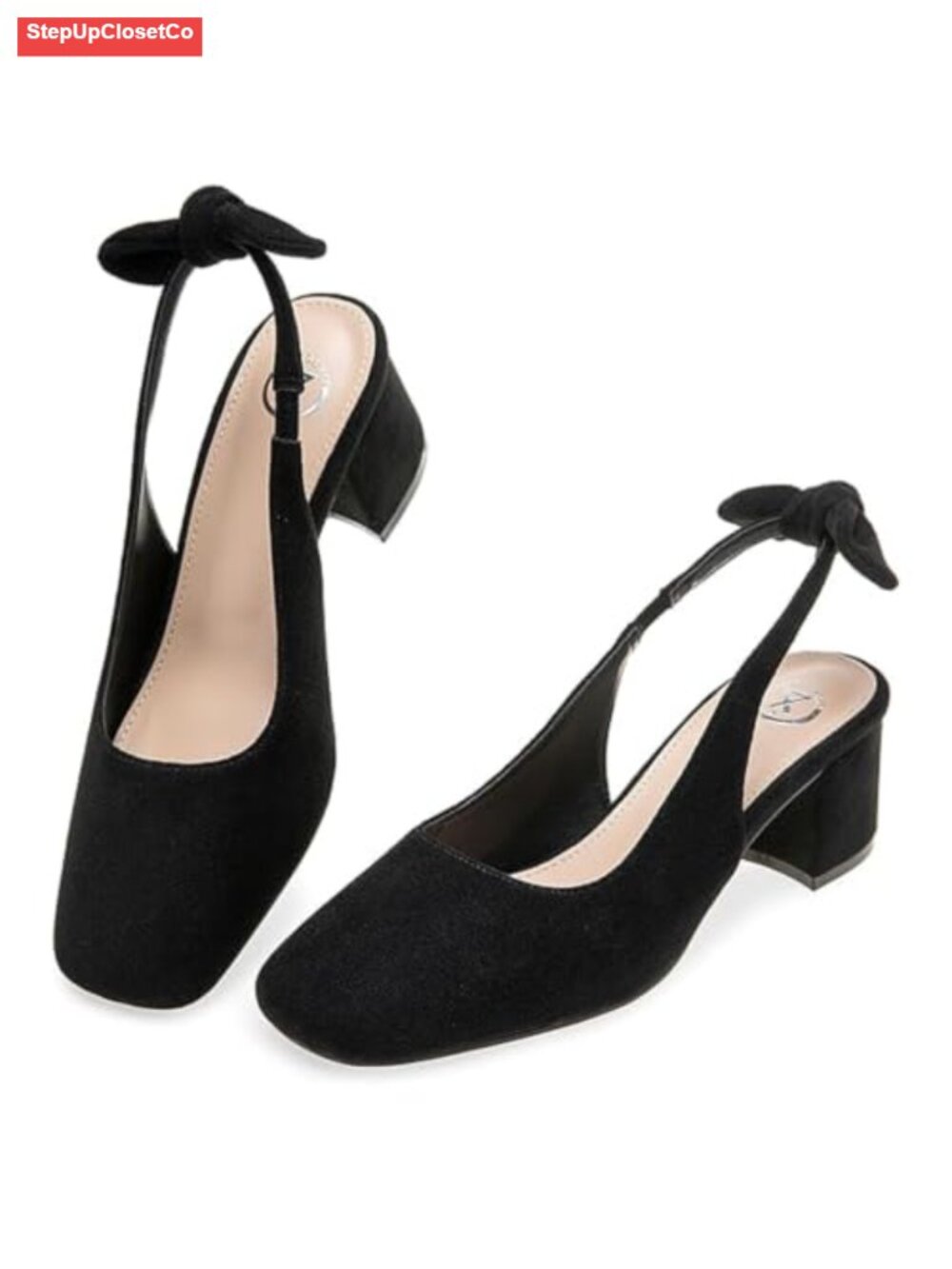 Faux Suede Slingback Pumps Block Heel Square Toe Bow